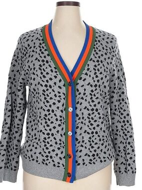 KULE Gray Leopard Cardigan with Blue, Green & Orange Trim